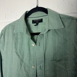Banana Republic Mens Green White plaid Check Non Iron Slim Dress Shirt M 15.5